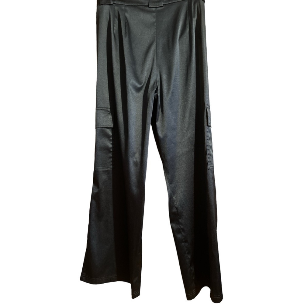 Apostrophe Black Shiny Satin Side Cargo Pocket Split Hem Stretch Pant - Picture 4 of 9